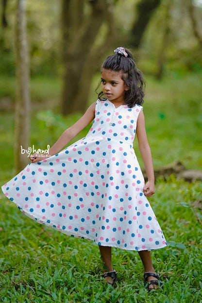 Pink and blue polka dot umbrella dress