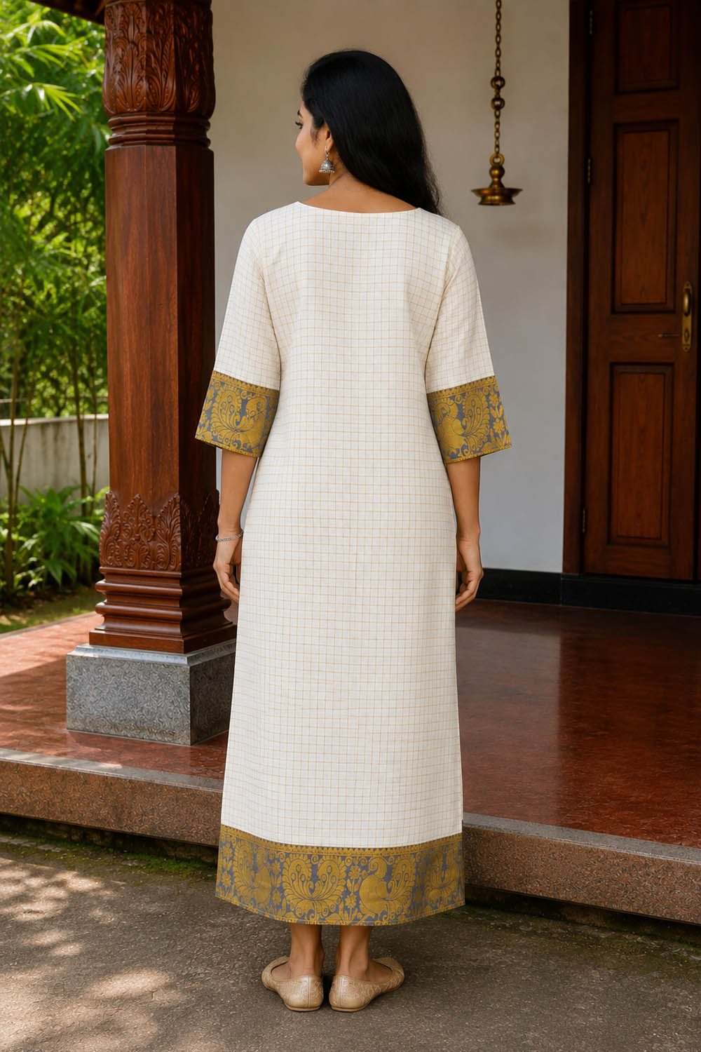 Offwhite Check Kurti with Grey Neck Border