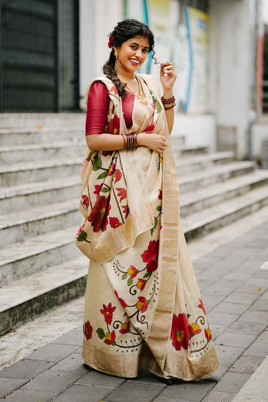 Tussar Silk Saree Red Hand Painted Flowers