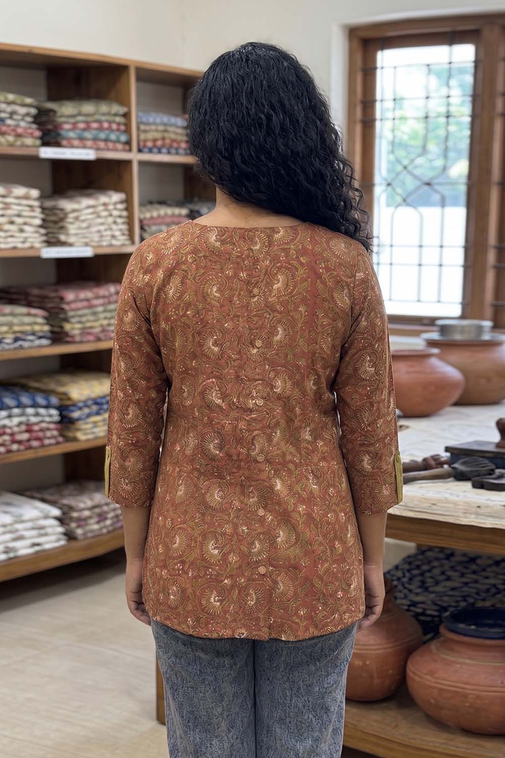 Maroon Base Olive Rapid Floral Jahota Print Short Top