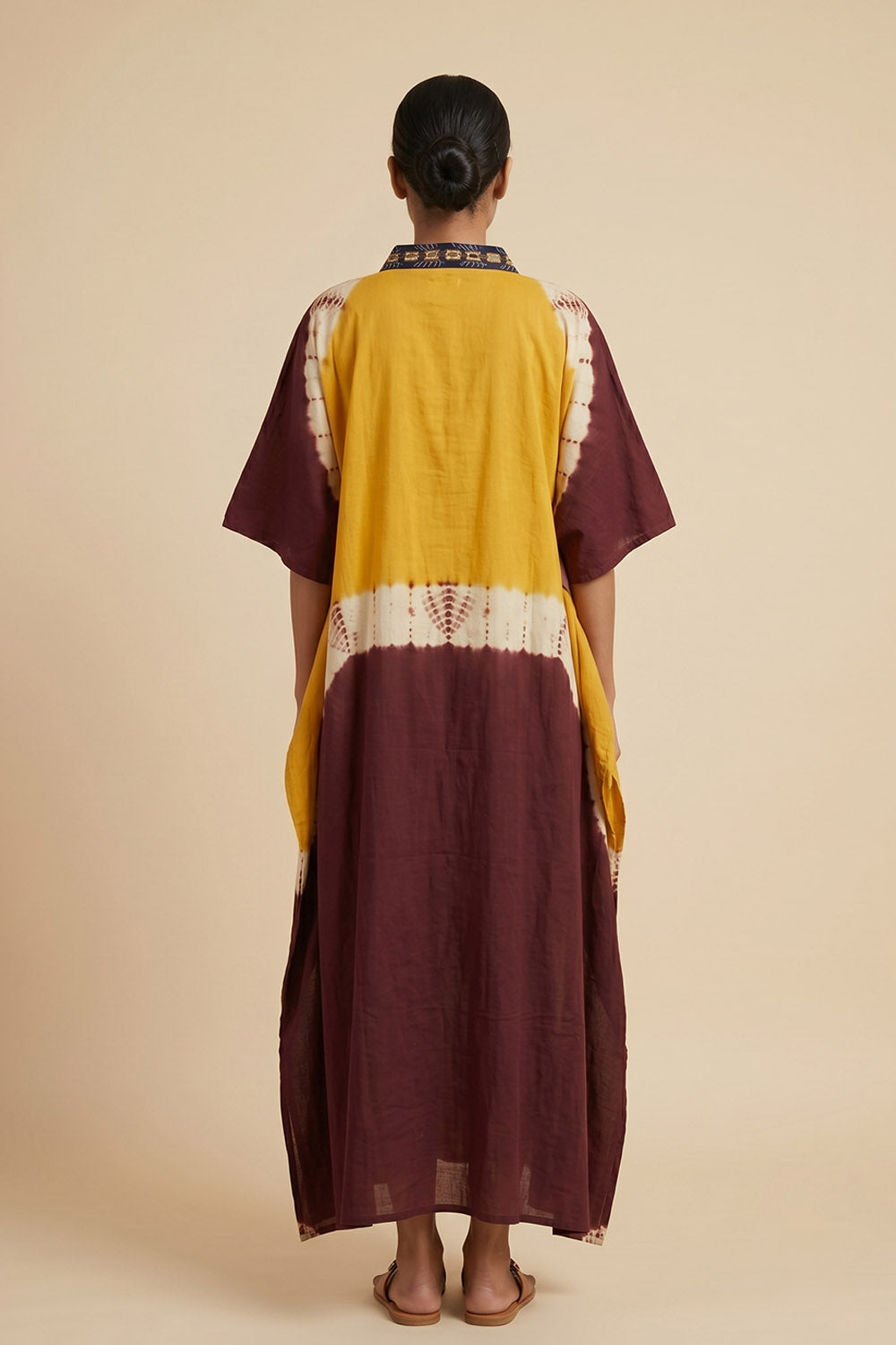Maroon Mirror work yellow wave kaftan