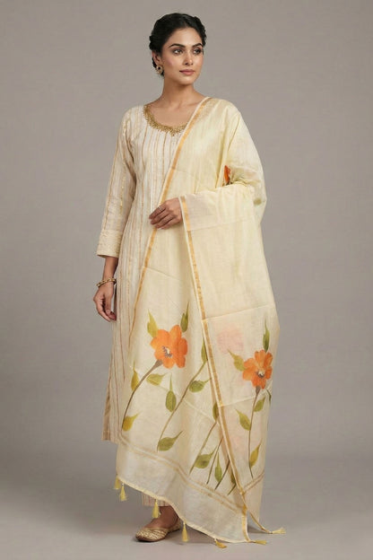 Lemon Yellow Mul Chanderi Dupatta