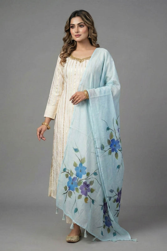 Marine Blue Mul Chanderi Dupatta