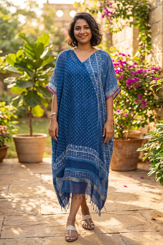 Linen Kaftan with Half Polka Dots & Zig Zag