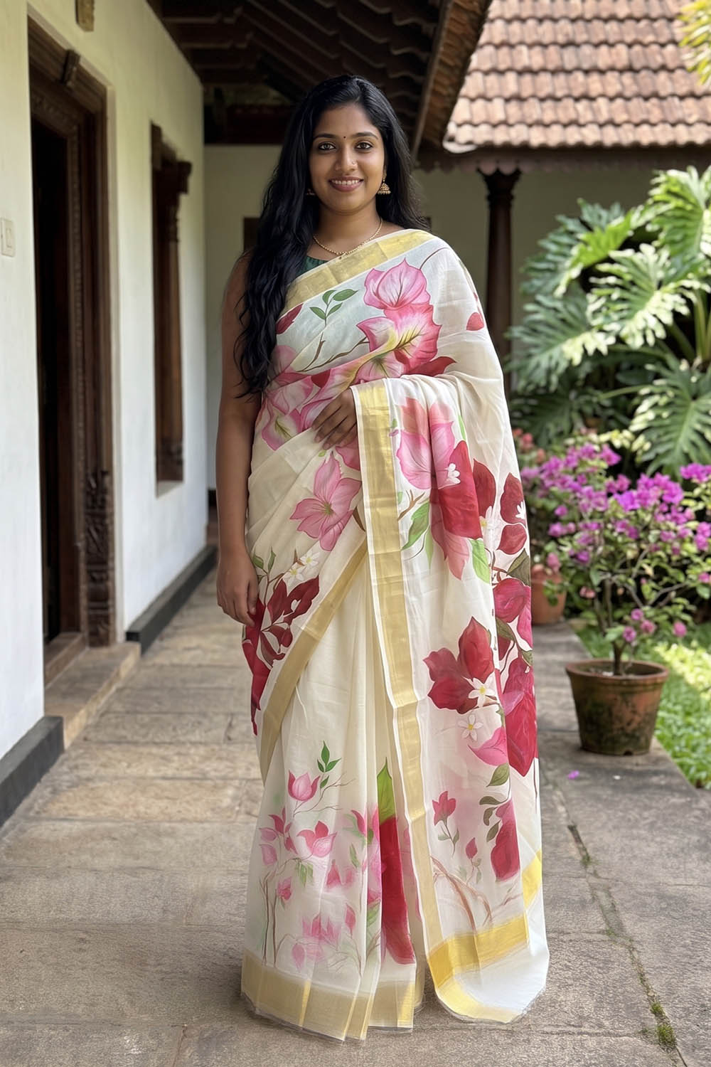 Hand Painted Bougainvillea Flower Kerala kasavu saree