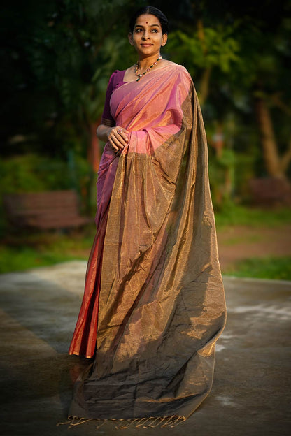 Golden Brown Double Color Tissue Saree with Tassels