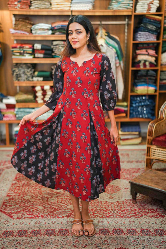 Godet Dress with Red & Blue Print