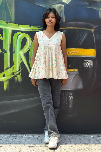 Offwhite Multicolour Butta Tiered Sleeveless Top
