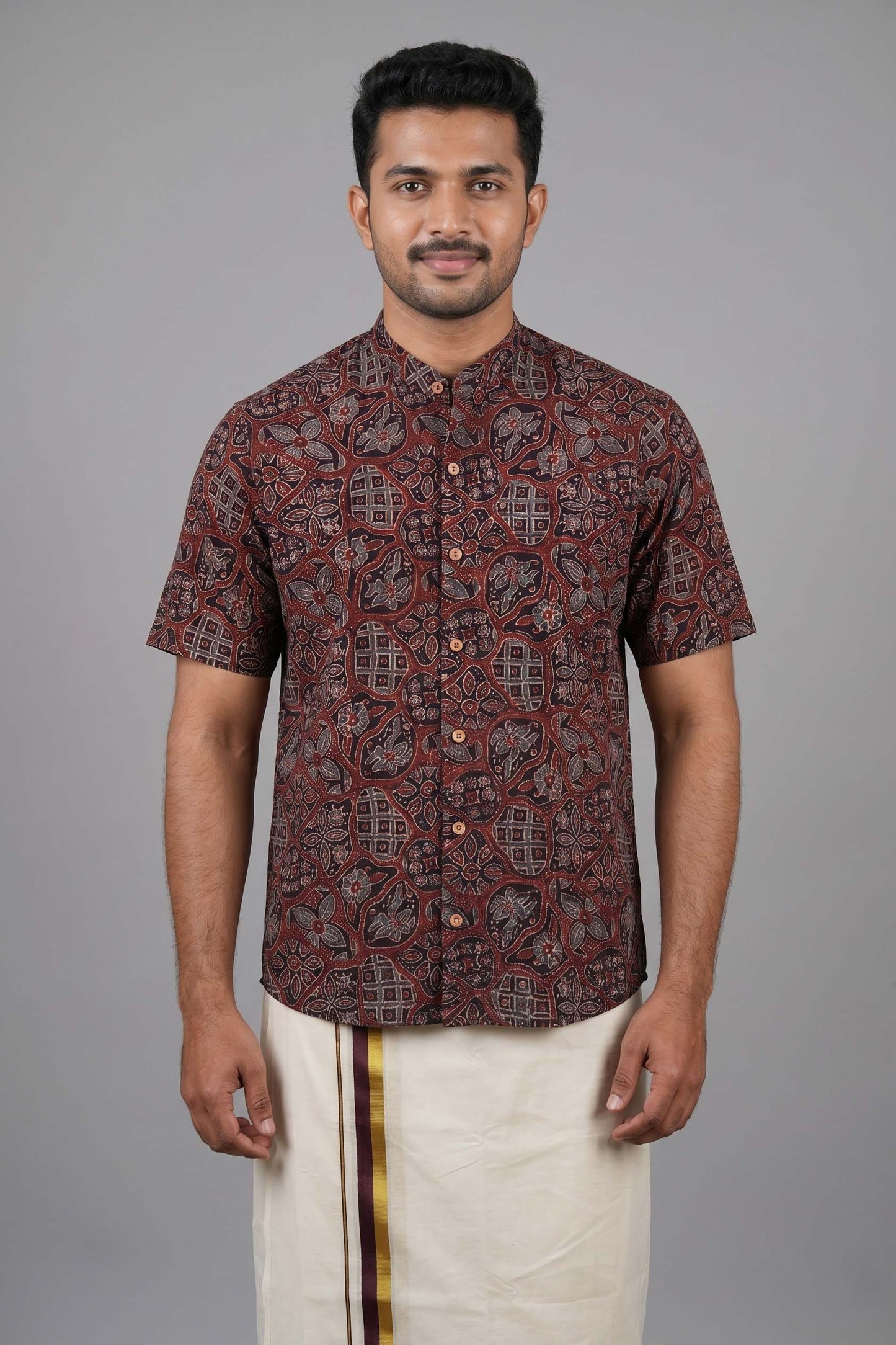 Black Base Chinese Collar Ajrakh Hand Block Print Shirt