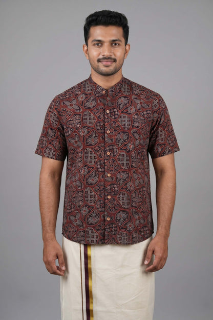 Black Base Chinese Collar Ajrakh Hand Block Print Shirt