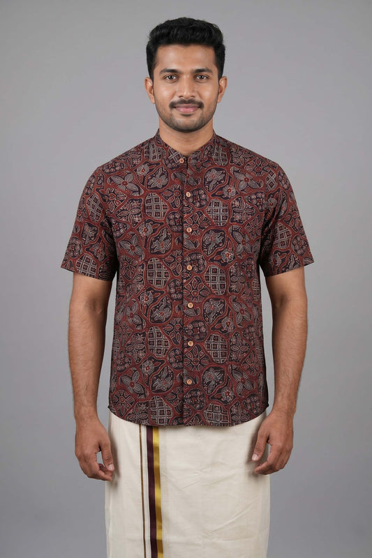 Black Base Chinese Collar Ajrakh Hand Block Print Shirt