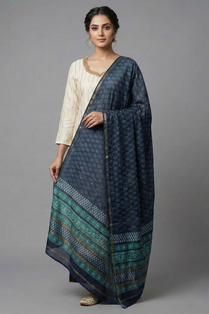 Indigo Check Border Chanderi Dupatta