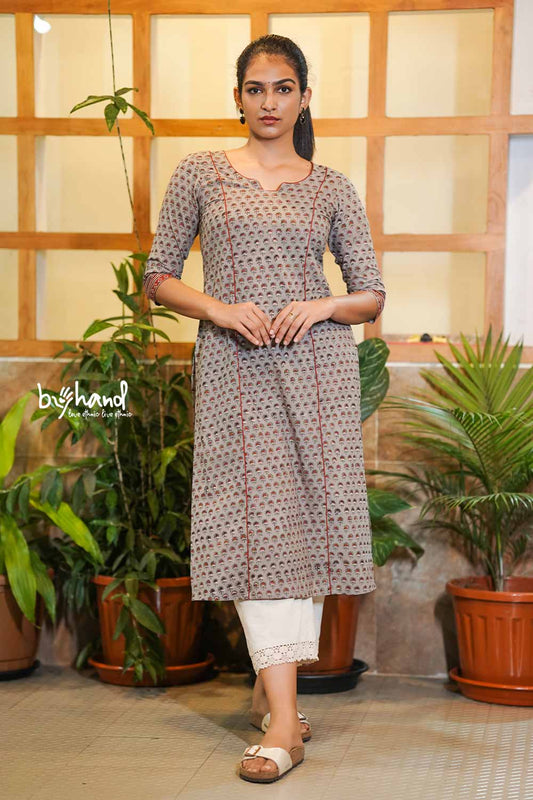 GREY KURTI WITH RED PIPING