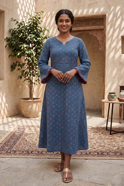 Blue Base Rose Printed A Line Dress