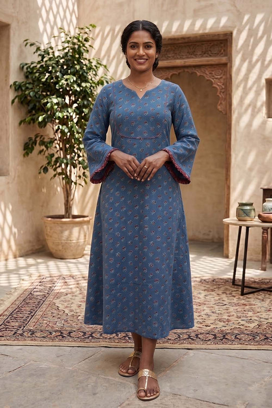 Blue Base Rose Printed A Line Dress