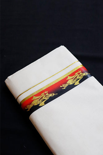 Offwhite Dhothi Orange & Black with Krishna Print