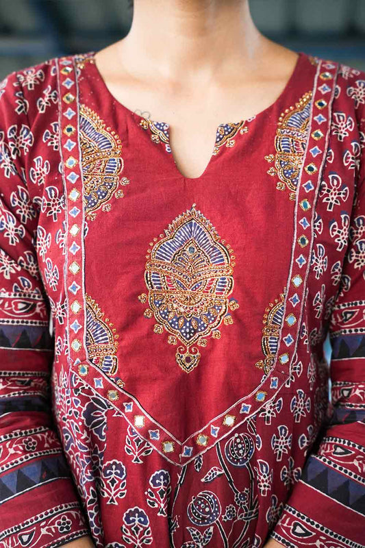 Red Ajrakh Multi Printed Panel Anarkali