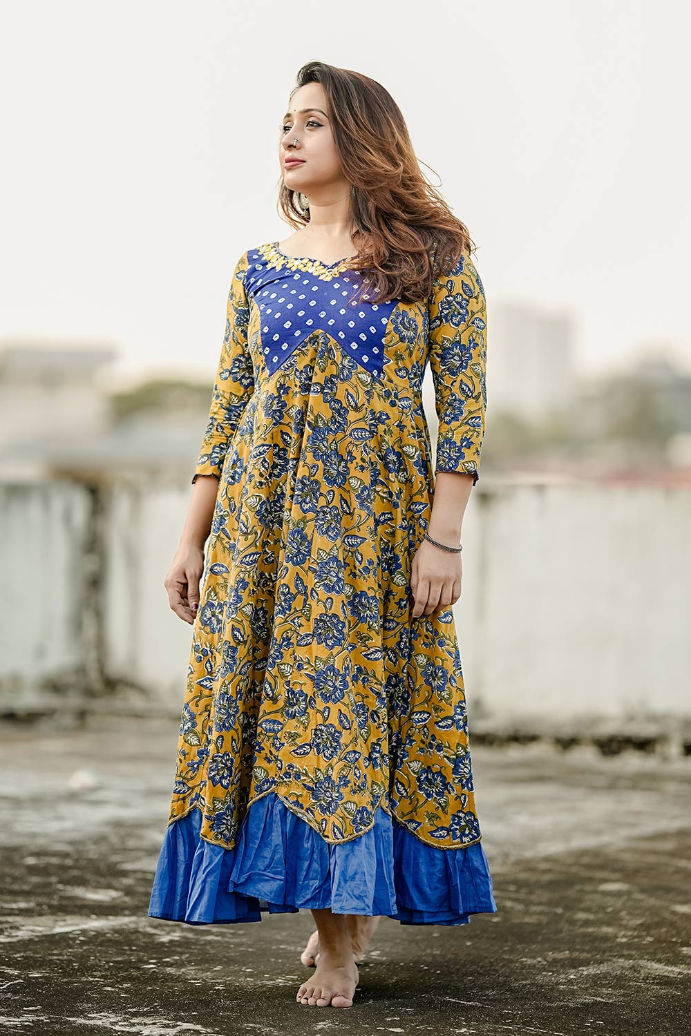 Yellow Anarkali with Blue Bandhani Yoke