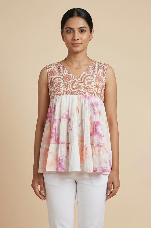 Sanganeri Shibori Peach & White Top