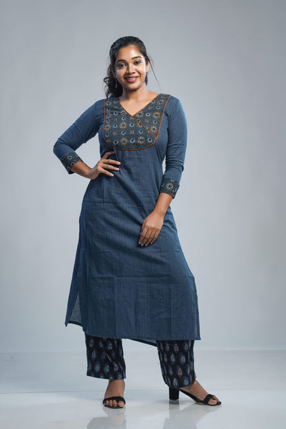 Blue Kurti with Ajrakh Yoke