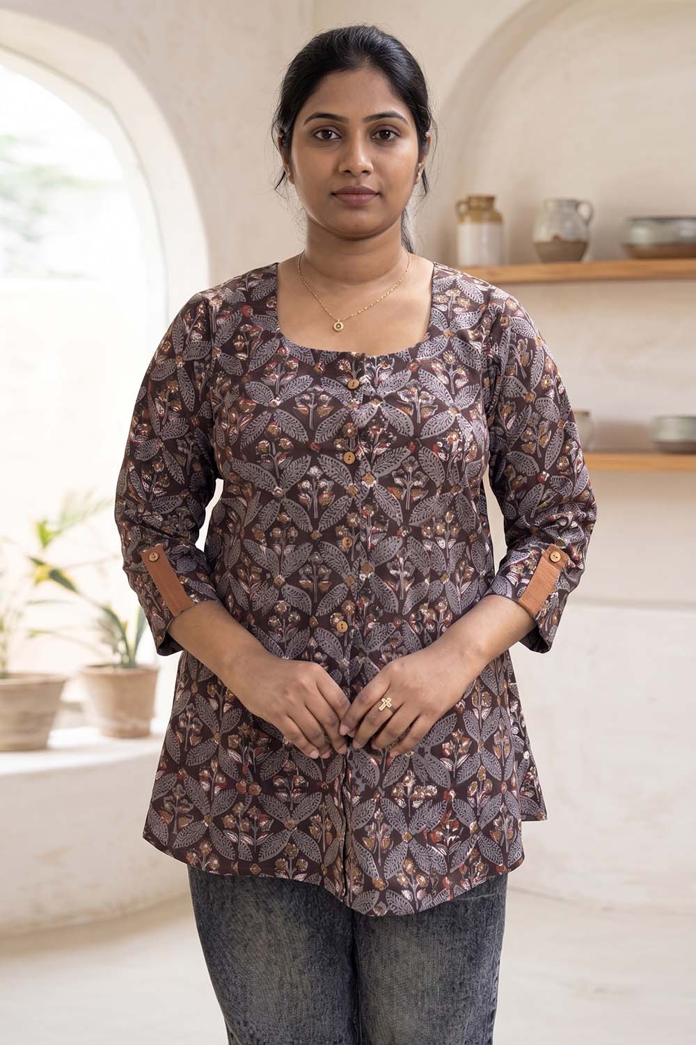 Rust Brown Base Floral Jahota Print Short Top
