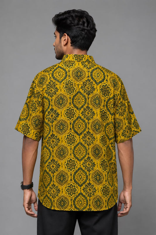 Yellow Modal Silk Green Printed Shirt