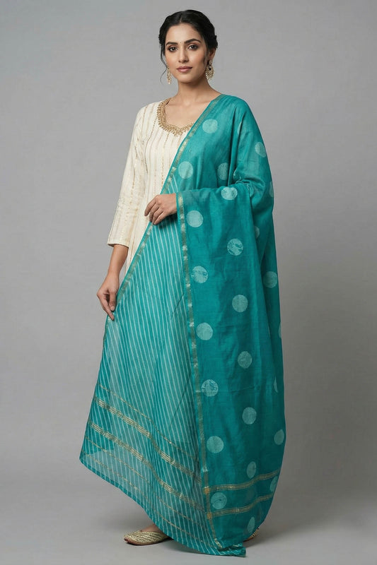 Indigo Circle & Striped Chanderi Dupatta