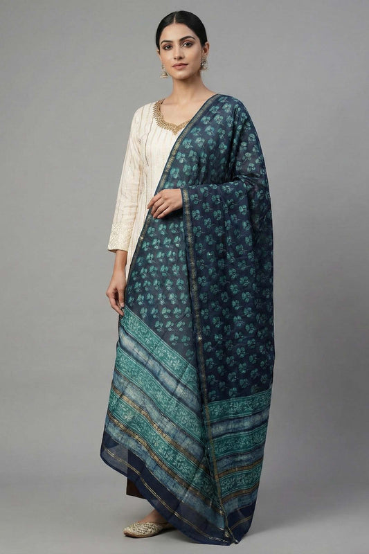 Indigo Tri Floral Chanderi Dupatta