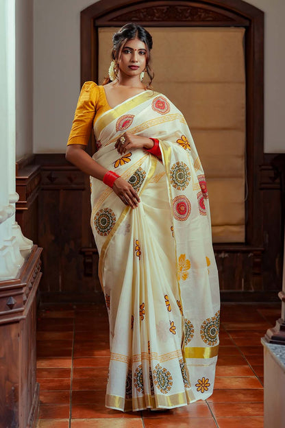 Offwhite Gold Border Screen Print Set Saree