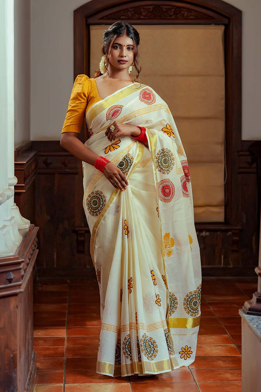 Offwhite Gold Border Screen Print Set Saree