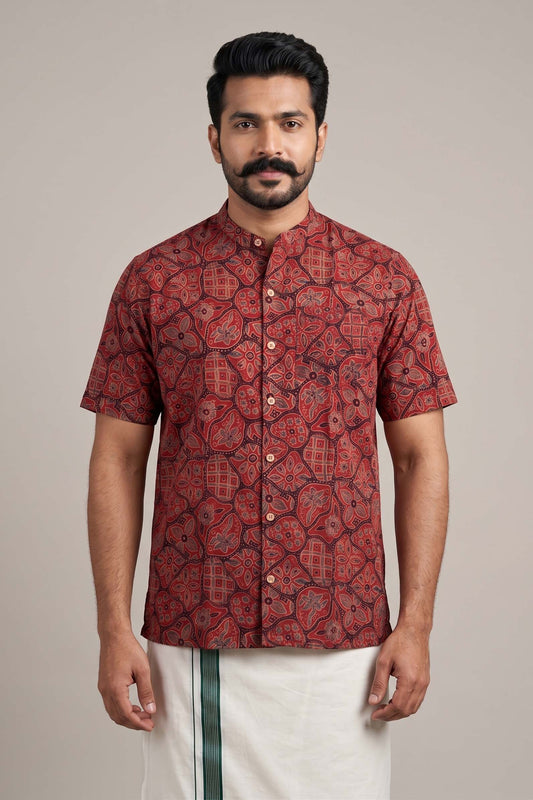 Red Chinese Collar Ajrakh Handblock Print Shirt