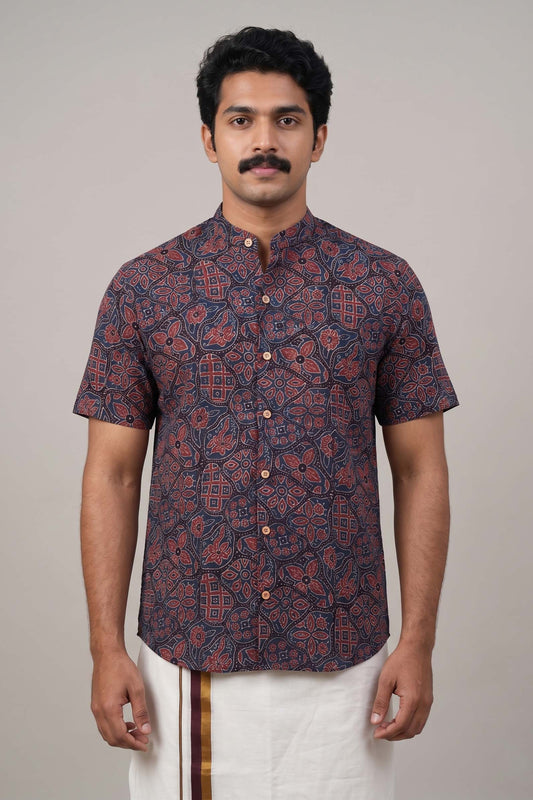 Navy Blue Base Chines Collar Ajrakh Hand Block Print Shirt