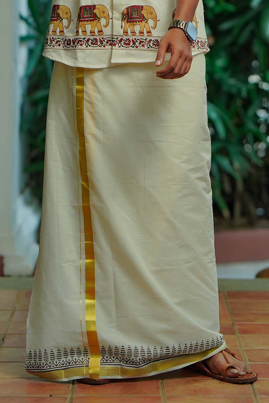 Offwhite Dhothi 1 Inch Gold Border & Geometrical Print