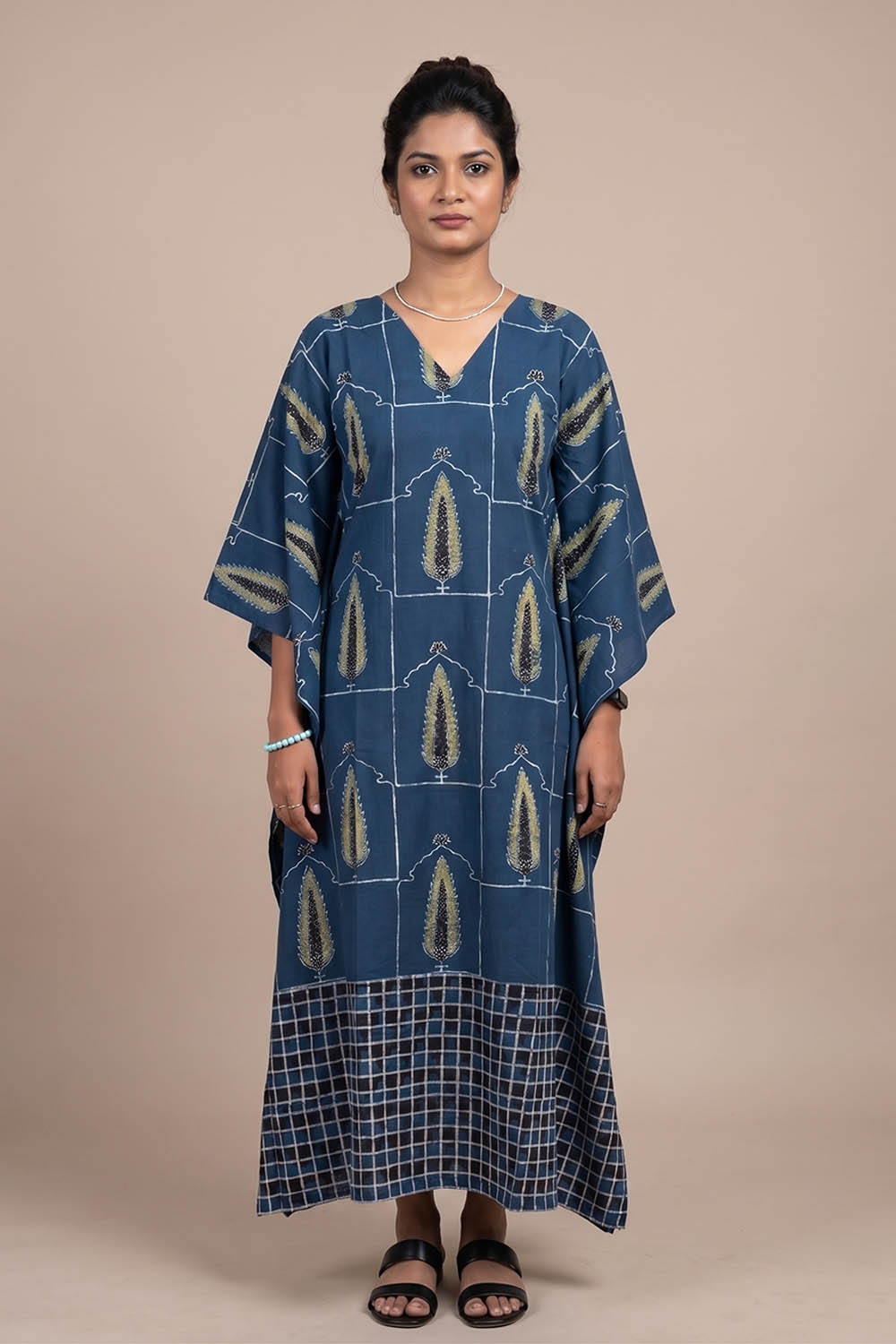 Royal Blue Base Tree & Check Print Kaftan