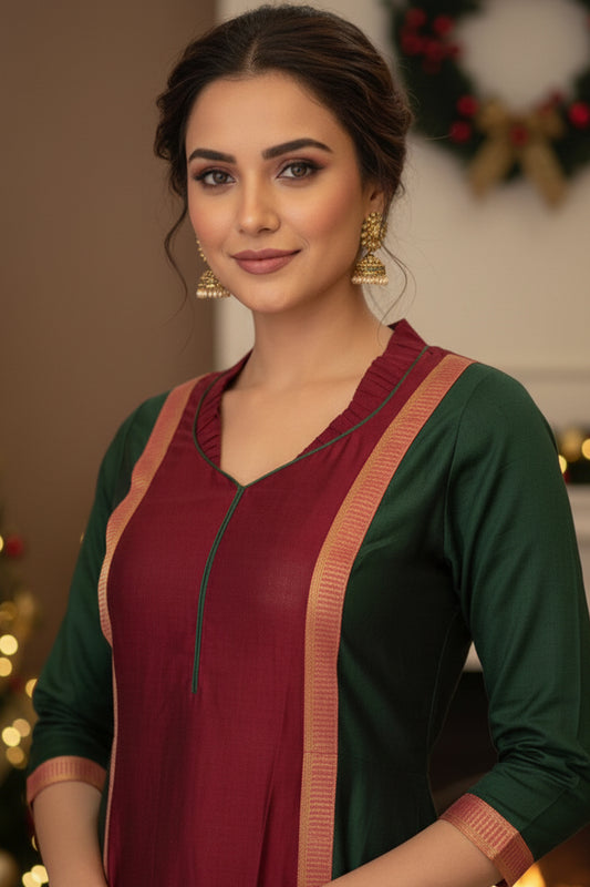 Maroon & Green A Line 3 Panel Dress