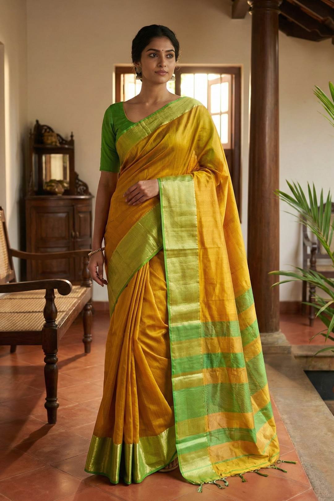 Maheshwari Silk Green & Yellow Saree Jari Temlpe Border