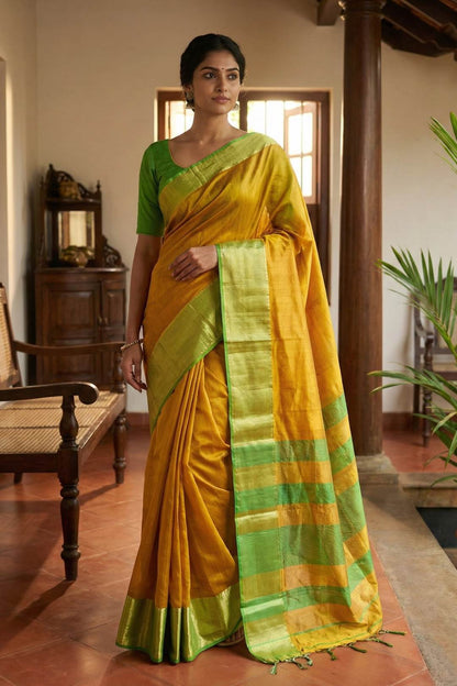 Maheshwari Silk Green & Yellow Saree Jari Temlpe Border
