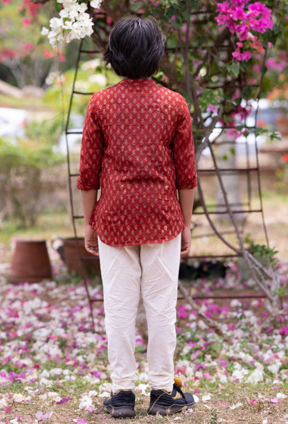 Red Ajrakh Boys Short Kurta