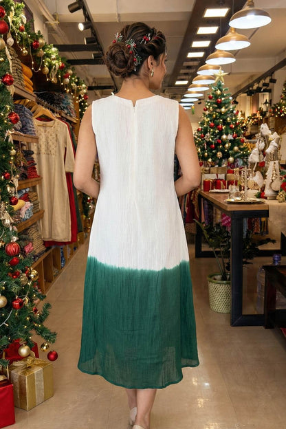 Green & White Ombre Handwork Gathered Dress