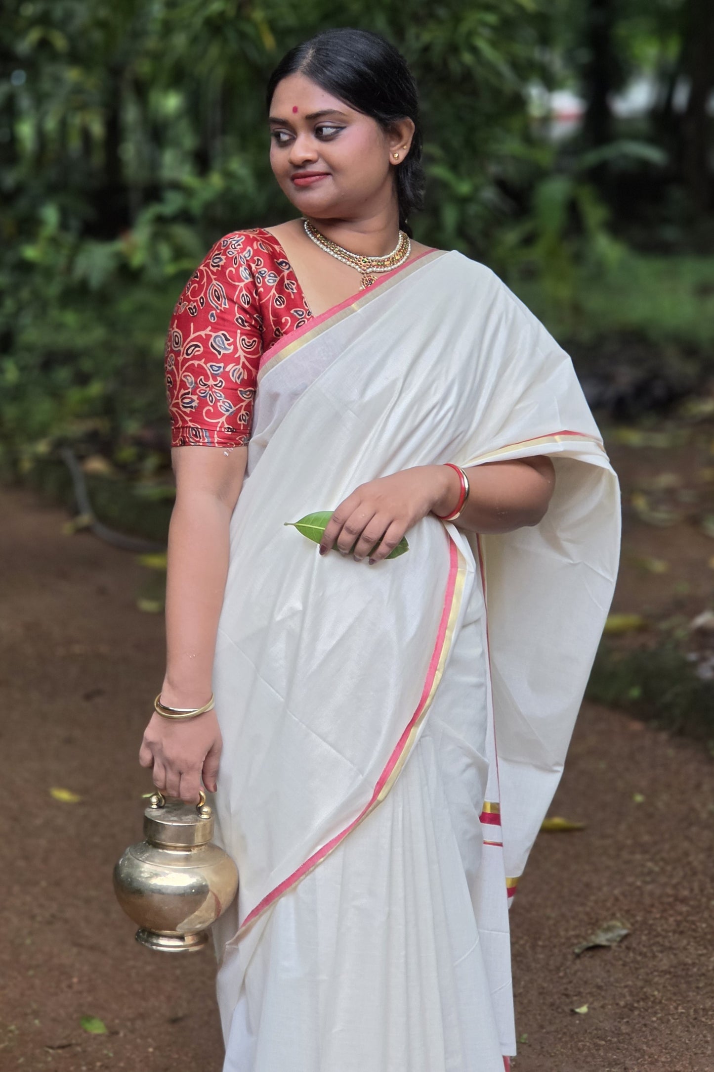 Offwhite Set Saree with 1 inch Red & Golden Border