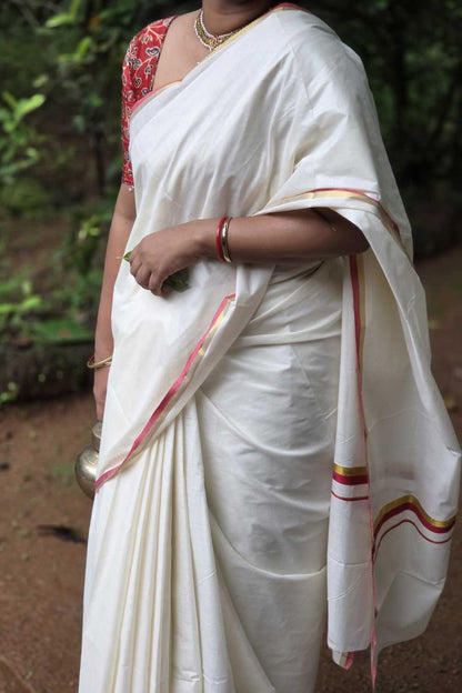 Offwhite Set Saree with 1 inch Red & Golden Border