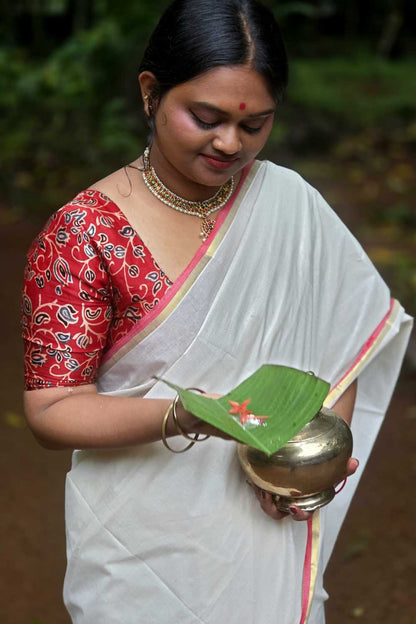 Offwhite Set Saree with 1 inch Red & Golden Border