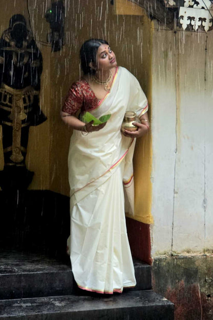 Offwhite Set Saree with 1 inch Red & Golden Border