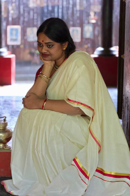 Offwhite Set Saree with 1 inch Red & Golden Border