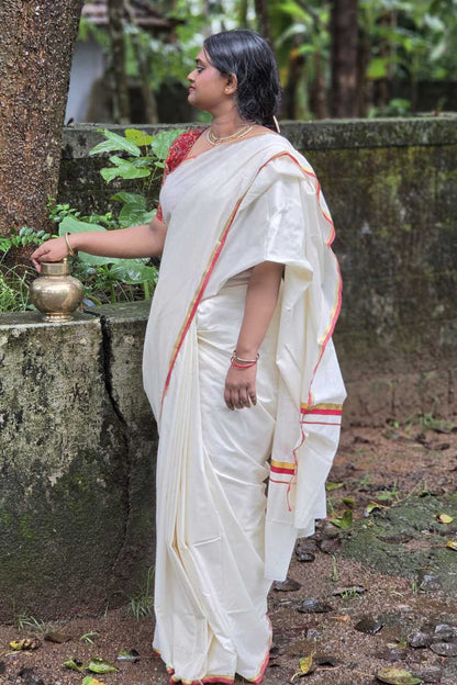 Offwhite Set Saree with 1 inch Red & Golden Border