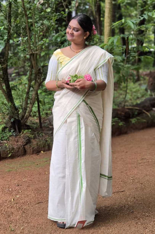 Puliyilakara Offwhite Set Saree Green
