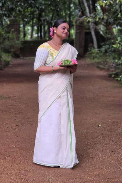 Puliyilakara Offwhite Set Saree Green