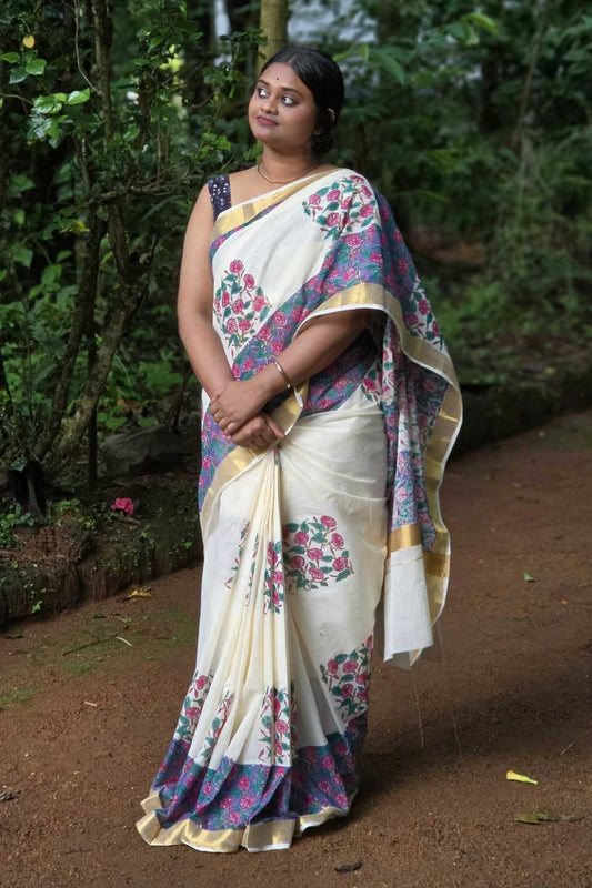 Offwhite Kasavu with Thick Purple Border Saree