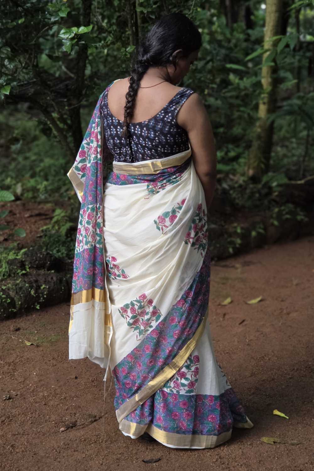 Offwhite Kasavu with Thick Purple Border Saree
