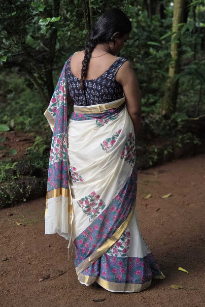 Offwhite Kasavu with Thick Purple Border Saree